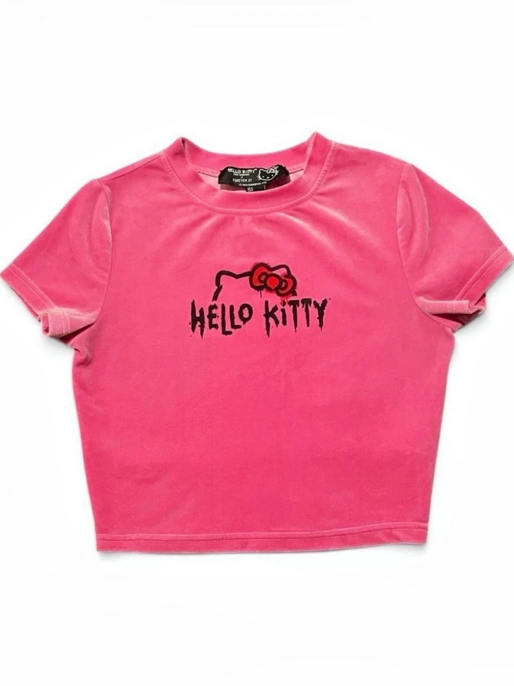 Forever 21 x Hello Kitty Spooky Pink Velour Crop Top Baby Tee Small Preloved